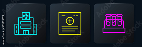 Set line Medical hospital building, Test tube with blood and Clinical record. Black square button. Vector.
