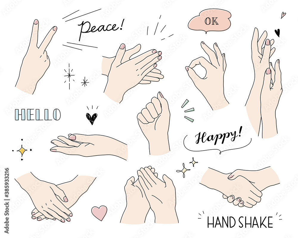 ２ 色々なポーズの手 ハンドジェスチャーの手描きイラストのセット かわいい おしゃれ Ok ピース Stock Vektorgrafik Adobe Stock