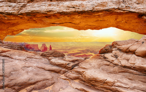 Vivid sunrise through Mesa Arch in Canyon Lands