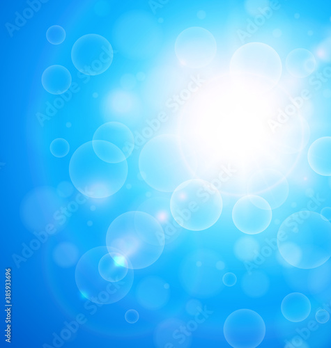 Sunny blue background, sun with bokeh, turquoise summer vector illustration.