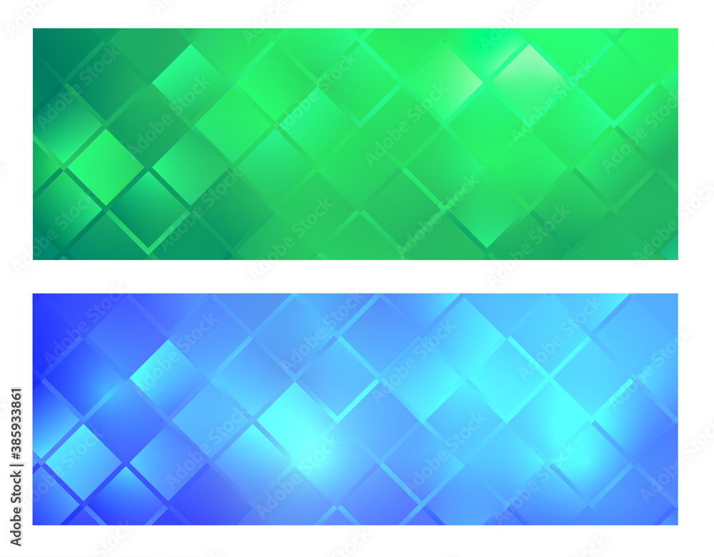 Mosaic banners 3d, green blue glittering square pattern vector design.