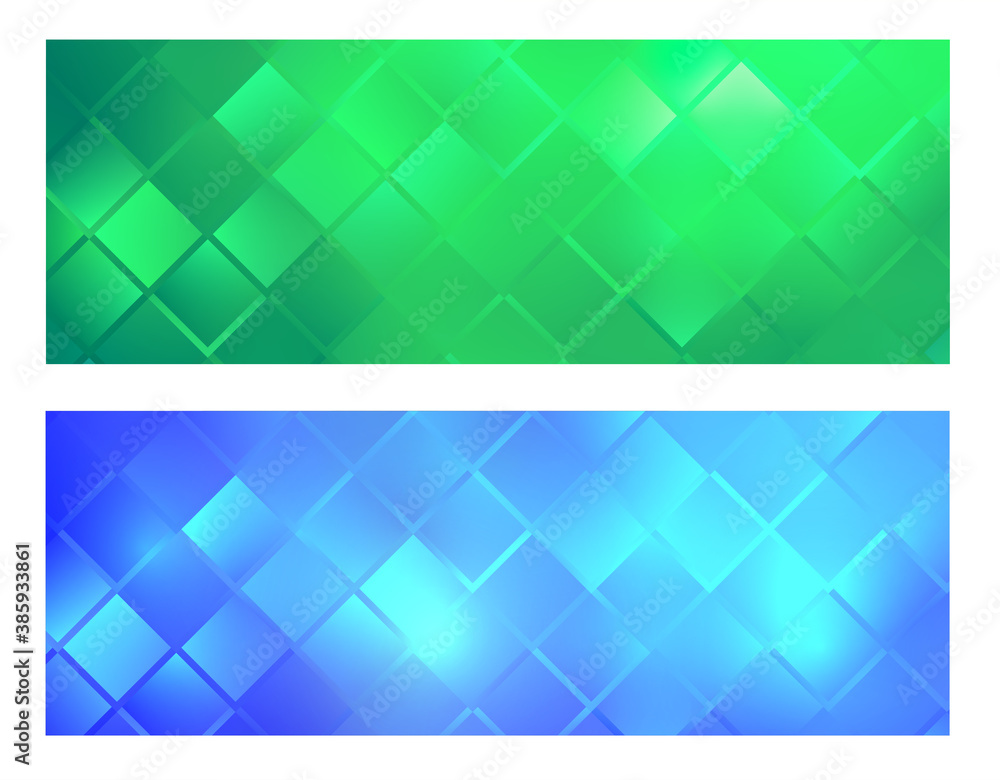 Mosaic banners 3d, green blue glittering square pattern vector design. Mosaic banners 3d, green blue glittering square pattern vector design.
