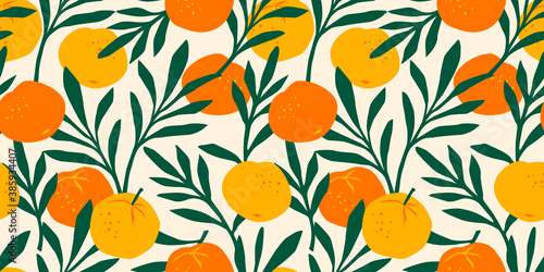 Vector seamless pattern with mandarins. Modern abstract design for paper, cover, fabric, interior decor and other users.