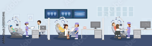 Dental clinic with patients flat design vector illustration