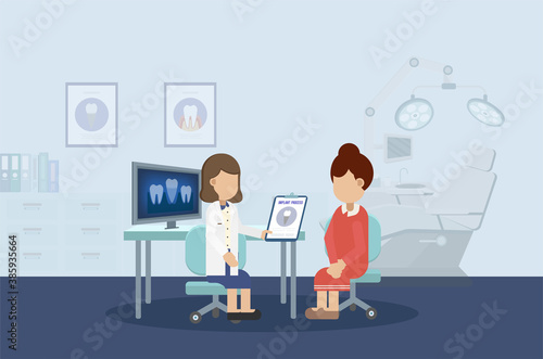 Dental implant process with dentist and patient flat design vector illustration