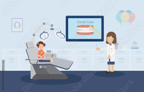 Dental care concept with dentist and patient flat design vector illustration
