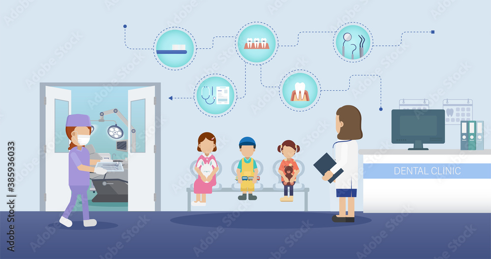 Dental clinic with patients waiting and icons flat design vector illustration Dental clinic with patients waiting and icons flat design vector illustration
