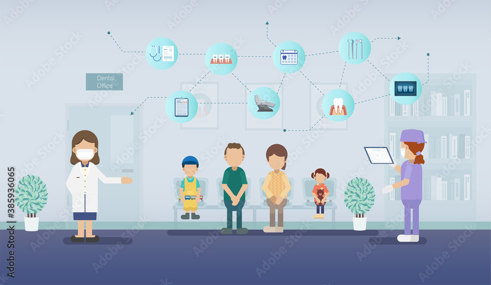 Dental clinic with patients waiting and icons flat design vector illustration Dental clinic with patients waiting and icons flat design vector illustration