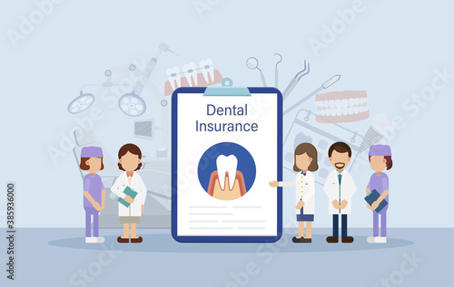 Dental insurance concept with dentist and application form flat design vector illustration