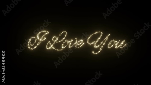 I Love You in English. Beautiful Sparkling Fireworks Letters on black background. I love you in different languages