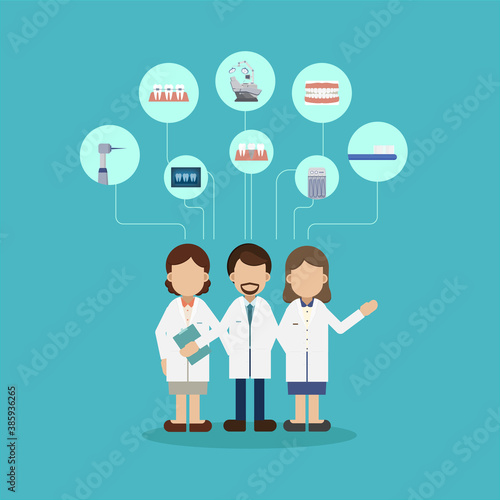 Dental service concept with dentists and icons flat design vector illustration