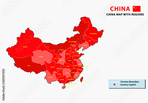 China map. Political Map of China provinces 2020 in red color background theme. China map with capital Beijing, national borders, important cities, rivers and lakes. 