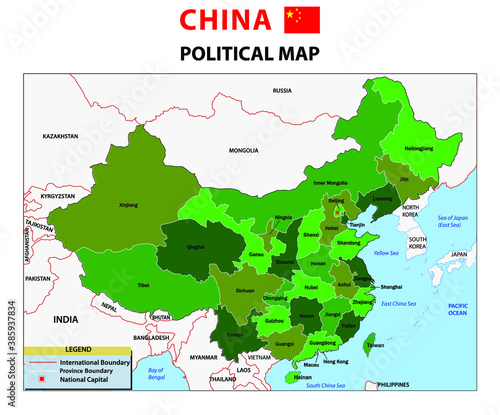 China map. Political Map of China provinces 2020 in green color background theme. China map with capital Beijing, national borders, important cities, rivers and lakes. 