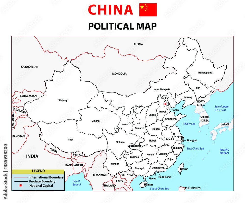 Obraz premium Vector illustration of simplified administrative map of China in white background theme. Borders and names of the provinces. Grey silhouettes. White outline with national and international borders.