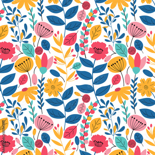 Flower and leaves Seamless pattern, Surface pattern with beautiful flowers, Colorful seamless pattern background