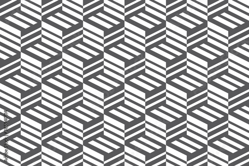 Seamless, abstract background pattern made with stripes forming cubes. Modern, bold, dynamic and three dimensional vector art.