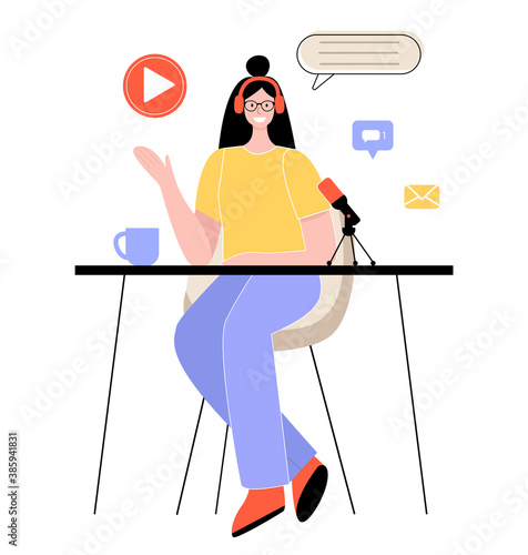 girl is recording a podcast in the studio. The radio host is broadcasting. vector illustration in flat style