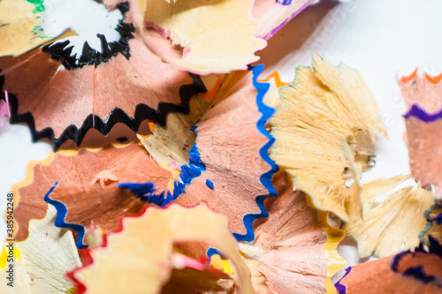 Shavings of color sharpened pencils close-up.