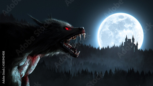 Werewolf growl in the moonlight over a full moon in the forest with a gothic house - concept art - 3D rendering photo