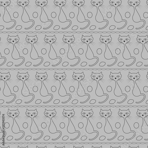 Black-white outline of a cat. Seamless vector pattern for design, packaging, wallpaper, fabric.