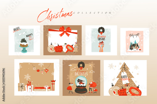Hand drawn vector abstract fun stock flat Merry Christmas,and Happy New Year time cartoon festive cards bundle set with cute illustrations of Xmas and Santa isolated on color background