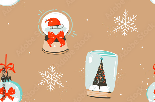 Hand drawn vector abstract fun stock flat Merry Christmas,and Happy New Year time cartoon festive seamless pattern with cute illustrations of Xmas snow globe and Santa isolated on color background