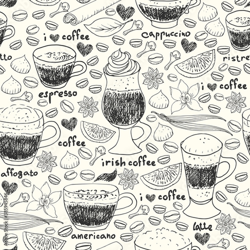 Hand drawn doodle coffee seamless pattern