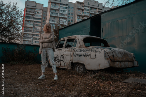 
girl and old car photo