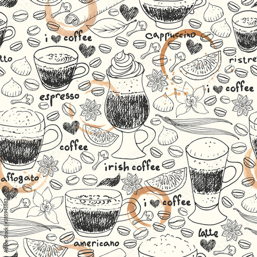 Hand drawn doodle coffee cups and stains seamless pattern