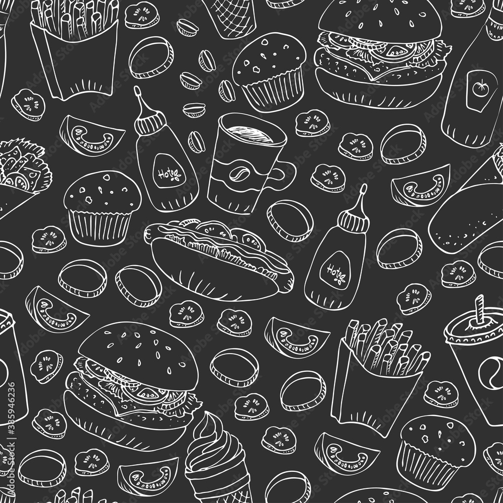 Vector fast food doodle seamless pattern