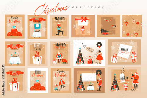Hand drawn vector abstract fun stock flat Merry Christmas,and Happy New Year time cartoon festive cards bundle set with cute illustrations of Xmas and Santa isolated on color background © anastasy_helter