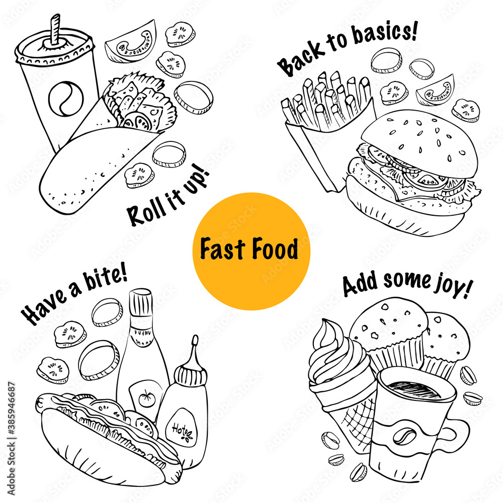 Vector fast food sets line art style