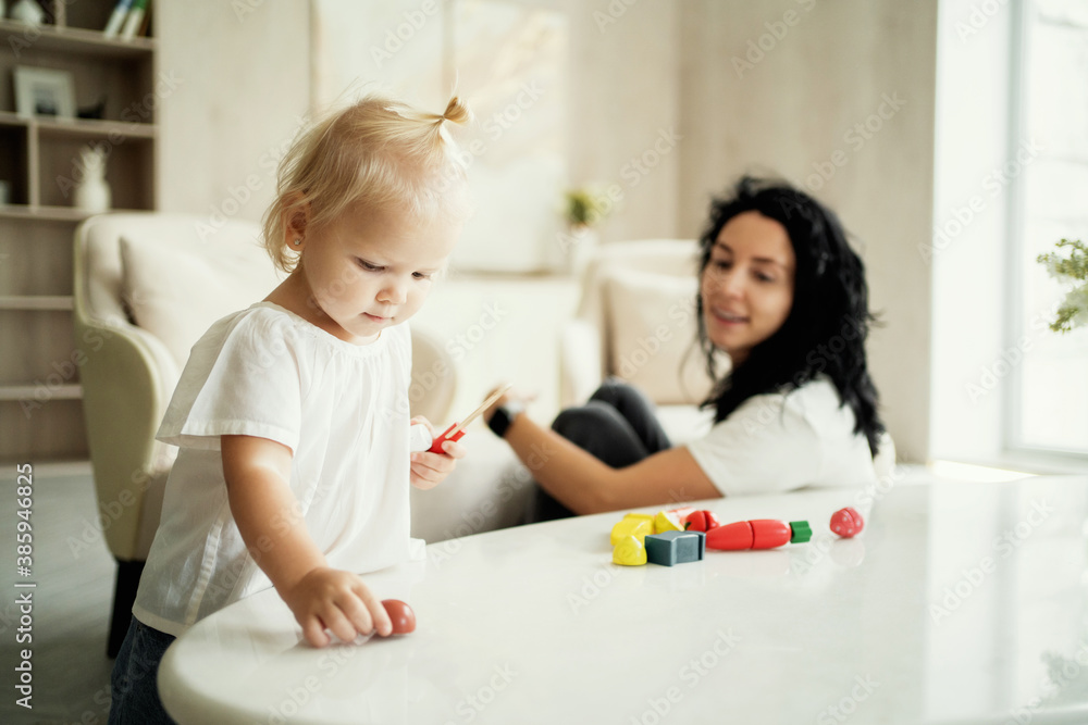 young happy family mother and daughter of Caucasian appearance have fun playing children's games that develop intelligence and resourcefulness, in a new stylish apartment in the living room. young happy family mother and daughter of Caucasian appearance have fun playing children's games that develop intelligence and resourcefulness, in a new stylish apartment in the living room.