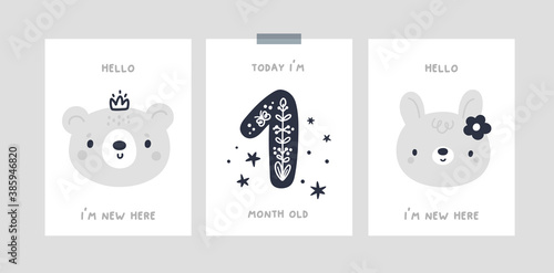 Baby step cards, poetic baby illustration. Milestone card with cute baby animals for newborn girl or boy. Baby shower print capturing all the special moments. Kids month anniversary card