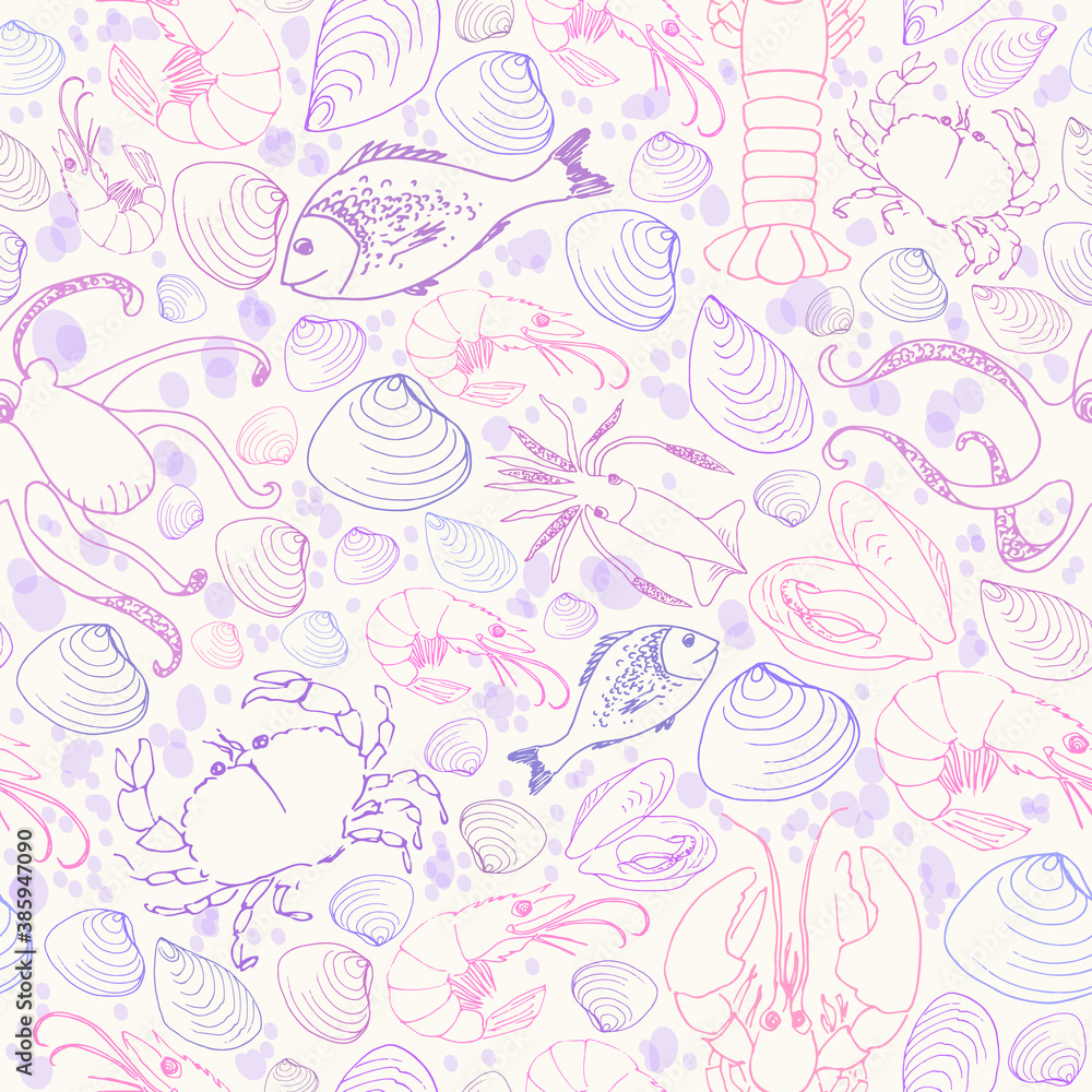 Vector doodle seafood seamless pattern in blue and purple colors.