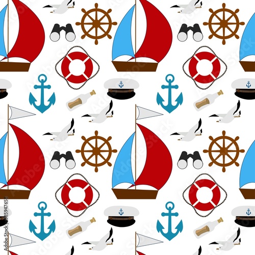 Cute seamless pattern with boat, seagull, lifebuoy, anchor, steering wheel, peaked cap, binoculars, bottle mail on a white background. Marine items in a flat style.
Stock vector illustration for decor