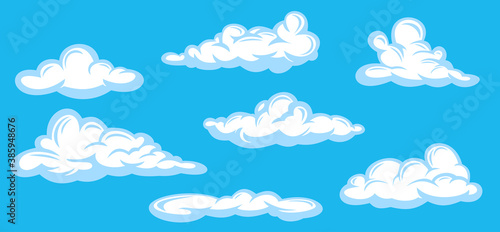 Set of white clouds in hand drawn vintage retro style isolated on blue background. Cartoon design elements. Vector illustration.