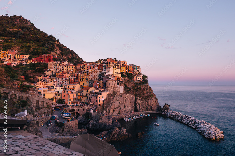 Village of Manarola, Italy on the Cinque Terre coast at sunset and reflection.