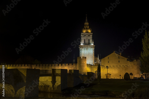 Night view of the cathedral and wall in Burgo de Osma, Soria province, Spain.