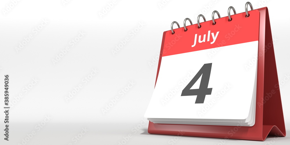July 4 date on the flip calendar page, 3d rendering July 4 date on the flip calendar page, 3d rendering