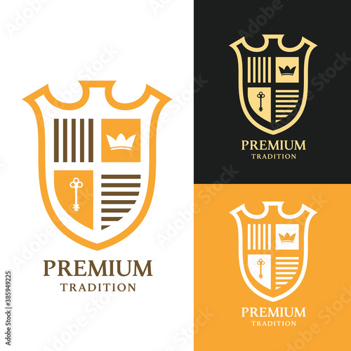 Color heraldic emblems isolated on white background. Template for shields badges in minimalistic cartoon style. Set of bright premium vintage vector illustration.