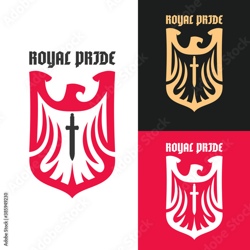 Color heraldic emblem in eagle form isolated on white background. Template for shields badges in minimalistic cartoon style. Set of bright premium vintage vector illustration.