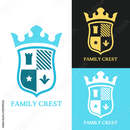 Color heraldic emblems isolated on white background. Template for shields badges in minimalistic cartoon style. Set of bright premium vintage vector illustration.