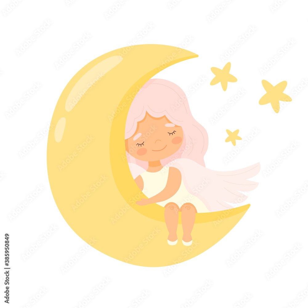 Obraz premium Cute little angel girl is sitting on the moon. Vector cartoon illustration.