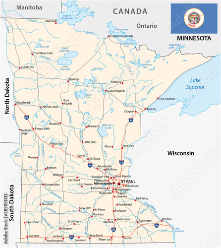 minnesota federal state road vector map with flag