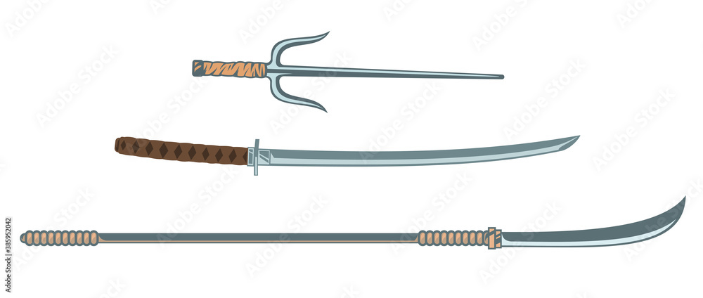 Set of vintage color traditional japan weapons isolated on white background. Katana, sai, naginata. Hand drawn design element template for emblem, print, cover, poster. Vector illustration.