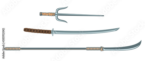 Set of vintage color traditional japan weapons isolated on white background. Katana, sai, naginata. Hand drawn design element template for emblem, print, cover, poster. Vector illustration.