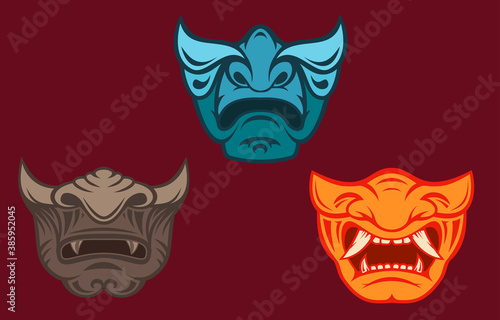 Vintage color japanese samurai mask isolated on simple background. Hand drawn design element template for emblem, print, cover, poster. Vector illustration.