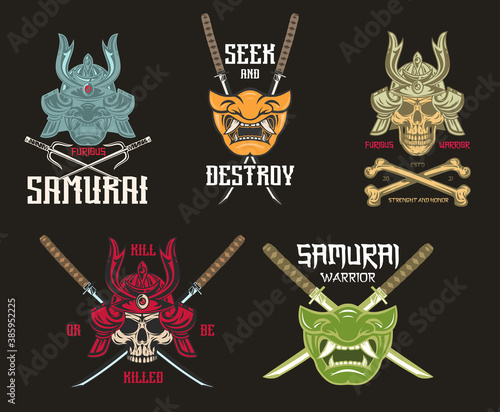 Set of vintage color japanese composition with samurai armor and weapons isolated on simple background. Hand drawn design element template for emblem, print, cover, poster. Vector illustration.