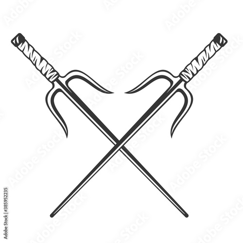 Vintage monochrome two crossed sai weapons isolated on white background. Hand drawn design element template for emblem, print, cover, poster. Vector illustration.